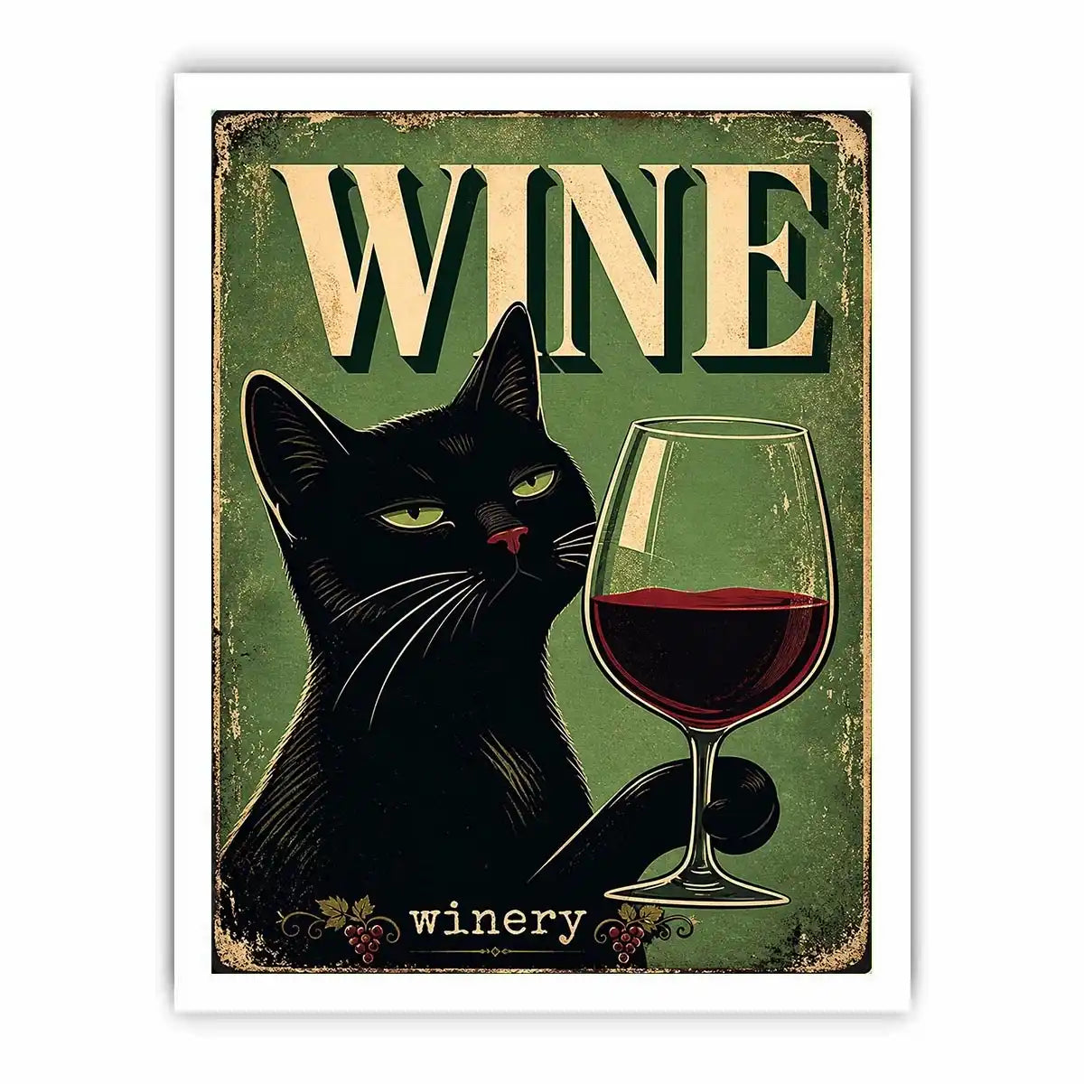 Vintage style poster of a black cat holding a glass of red wine with retro typography