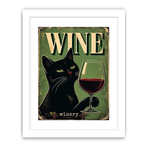 Vintage style poster of a black cat holding a glass of red wine with retro typography