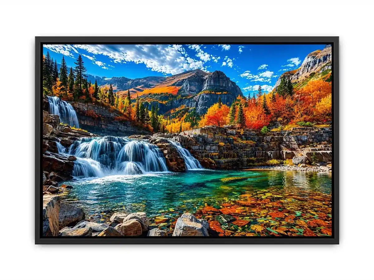 Autumn waterfall landscape wall art with turquoise river, colorful forest and mountain scenery.