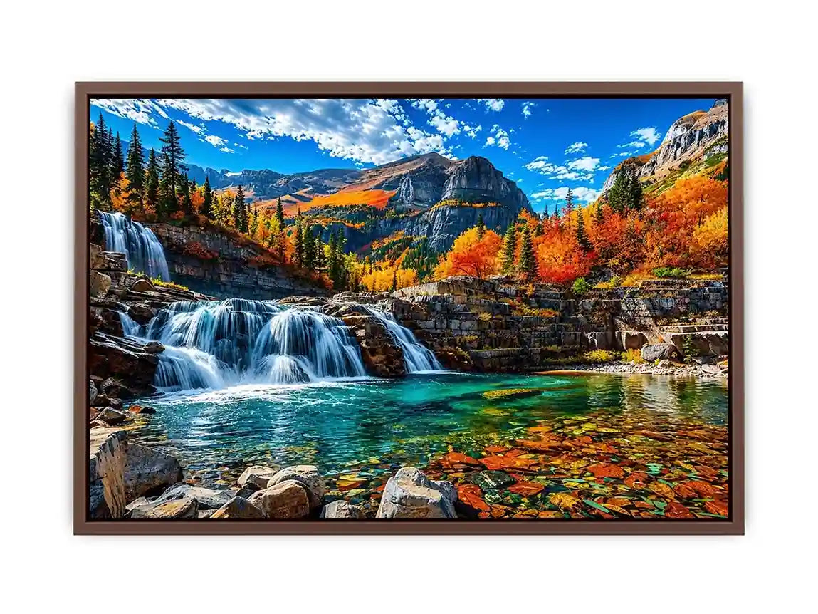 Autumn waterfall landscape wall art with turquoise river, colorful forest and mountain scenery.