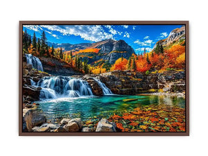 Autumn waterfall landscape wall art with turquoise river, colorful forest and mountain scenery.