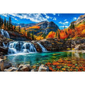 Autumn waterfall landscape wall art with turquoise river, colorful forest and mountain scenery.