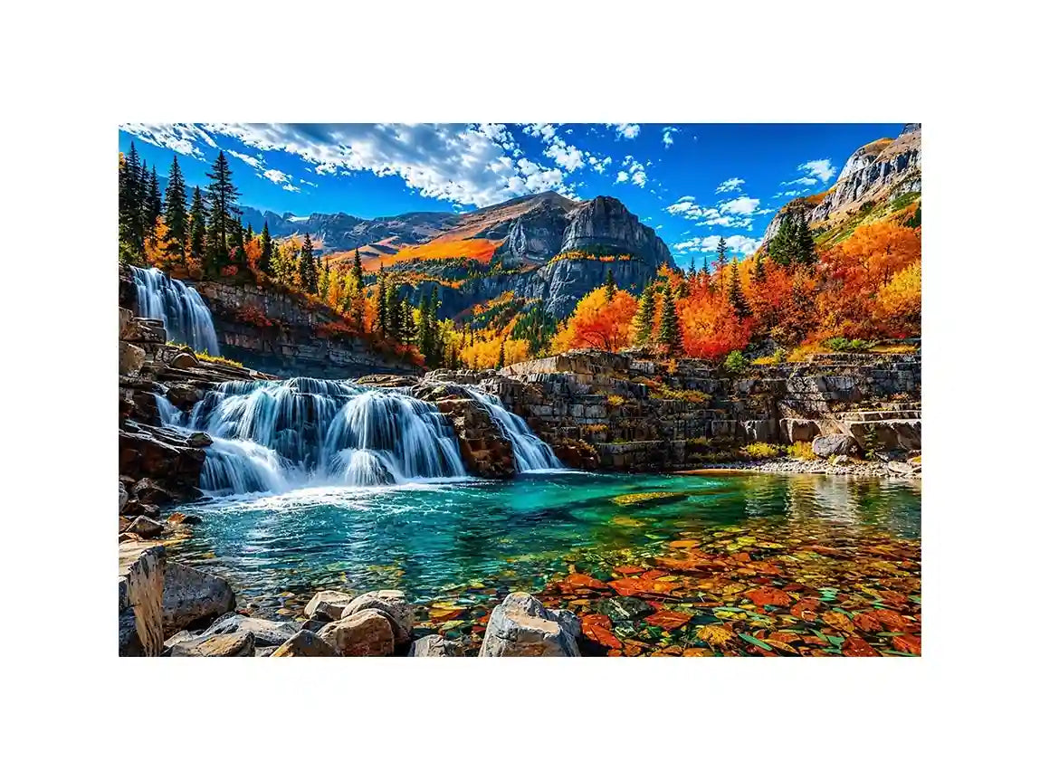 Autumn waterfall landscape wall art with turquoise river, colorful forest and mountain scenery.