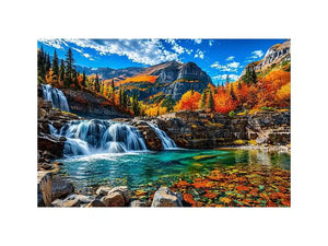 Autumn waterfall landscape wall art with turquoise river, colorful forest and mountain scenery.