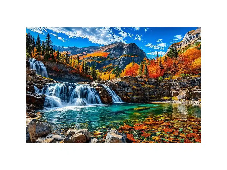 Autumn waterfall landscape wall art with turquoise river, colorful forest and mountain scenery.