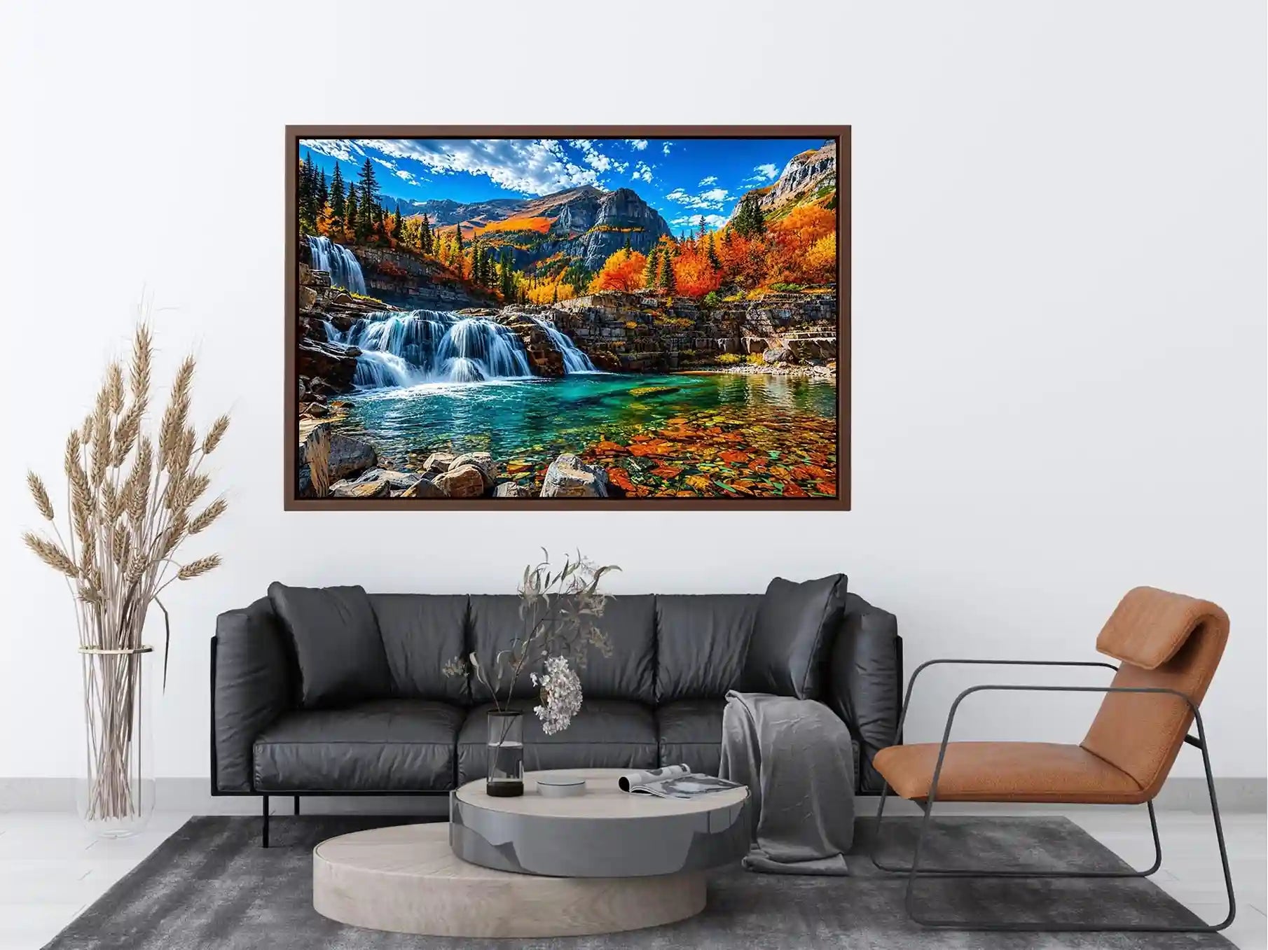 Autumn waterfall landscape wall art with turquoise river, colorful forest and mountain scenery.