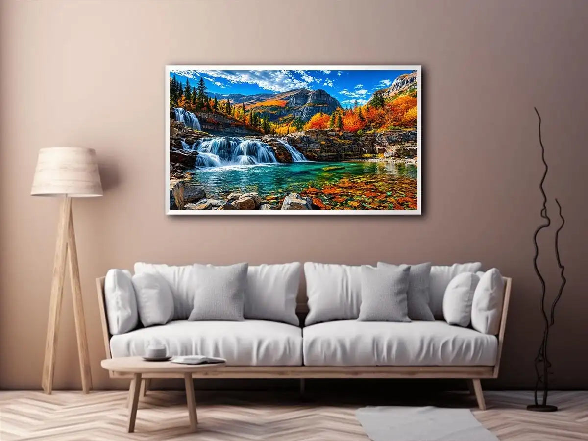Autumn waterfall landscape wall art with turquoise river, colorful forest and mountain scenery.