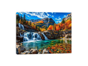 Autumn waterfall landscape wall art with turquoise river, colorful forest and mountain scenery.