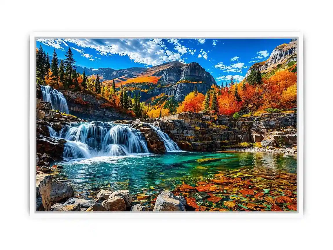 Autumn waterfall landscape wall art with turquoise river, colorful forest and mountain scenery.