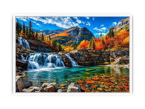 Autumn waterfall landscape wall art with turquoise river, colorful forest and mountain scenery.