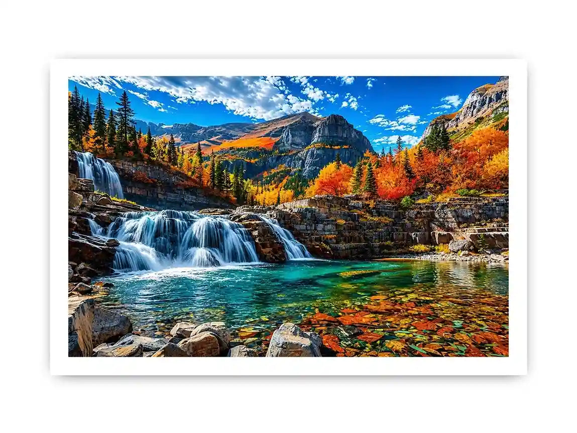 Autumn waterfall landscape wall art with turquoise river, colorful forest and mountain scenery.