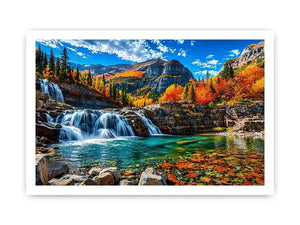 Autumn waterfall landscape wall art with turquoise river, colorful forest and mountain scenery.