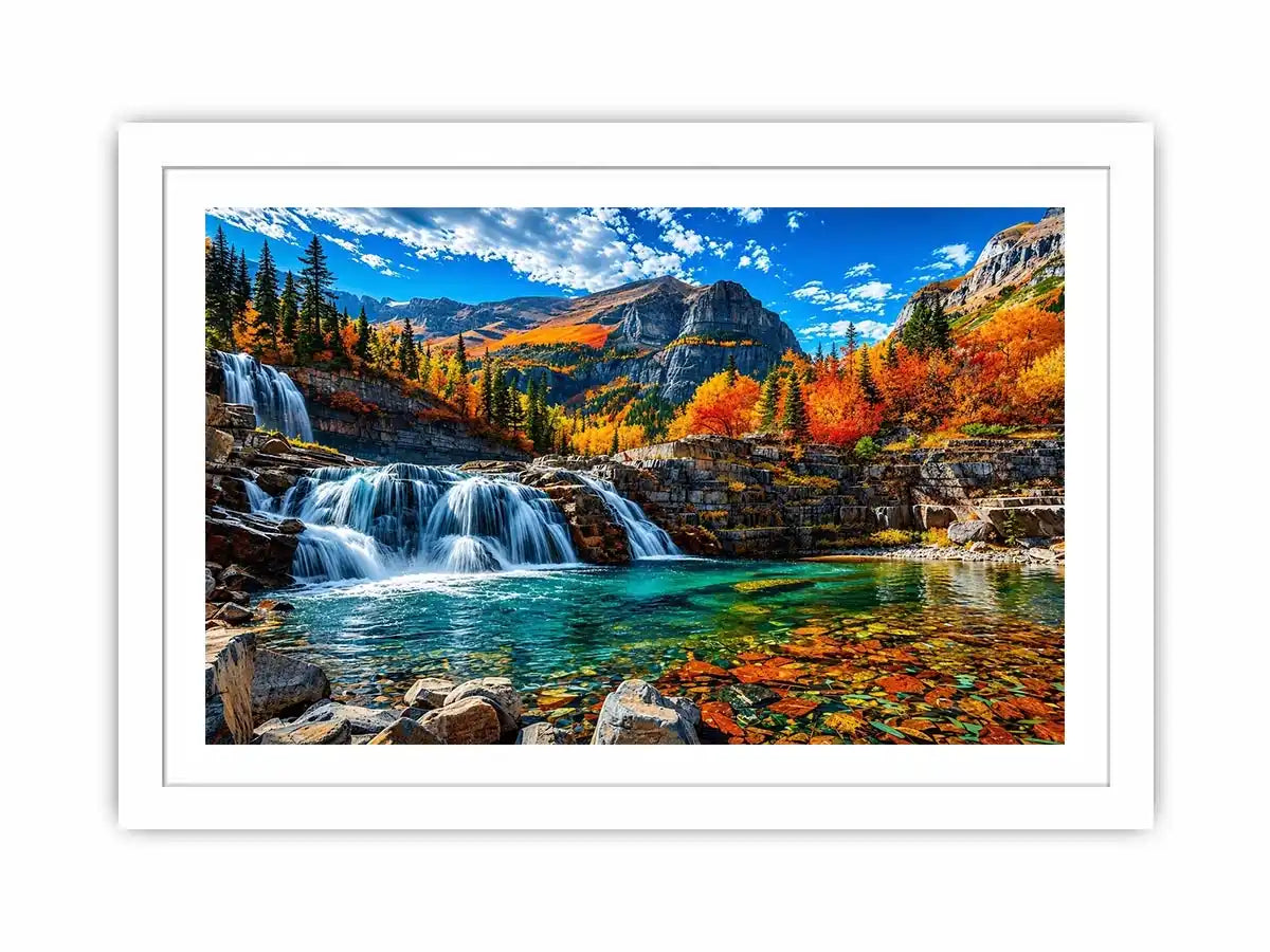 Autumn waterfall landscape wall art with turquoise river, colorful forest and mountain scenery.