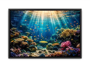 Underwater coral reef wall art with tropical fish and glowing ocean sun rays.