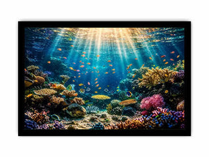 Underwater coral reef wall art with tropical fish and glowing ocean sun rays.