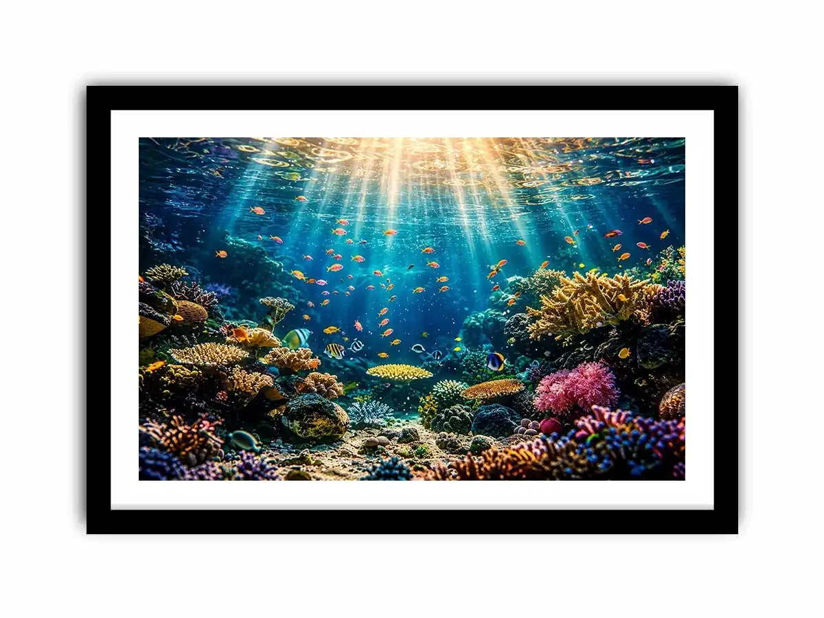 Underwater coral reef wall art with tropical fish and glowing ocean sun rays.