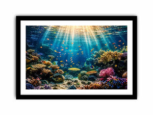 Underwater coral reef wall art with tropical fish and glowing ocean sun rays.