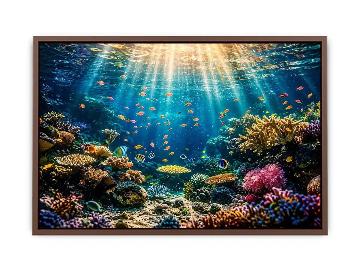 Underwater coral reef wall art with tropical fish and glowing ocean sun rays.