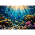 Underwater coral reef wall art with tropical fish and glowing ocean sun rays.