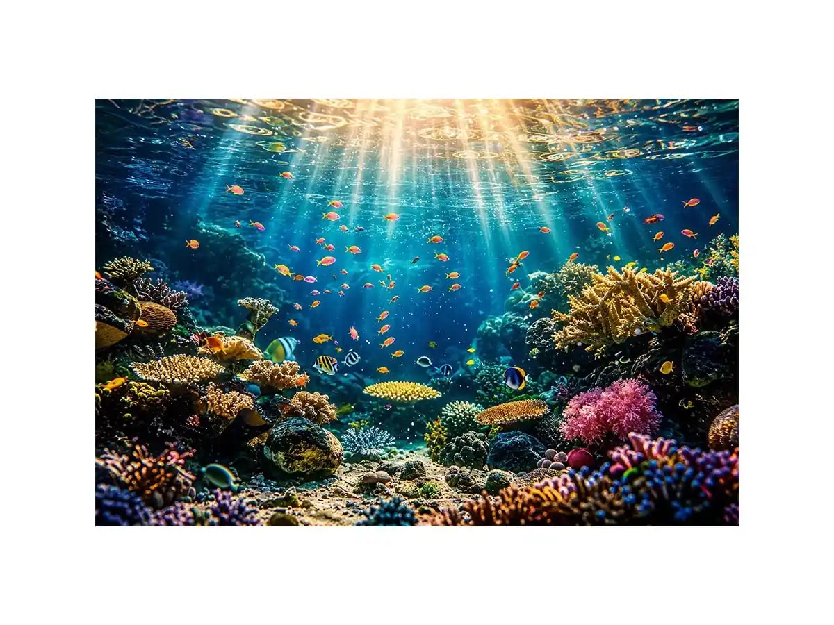 Underwater coral reef wall art with tropical fish and glowing ocean sun rays.