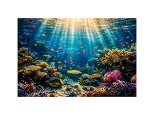 Underwater coral reef wall art with tropical fish and glowing ocean sun rays.