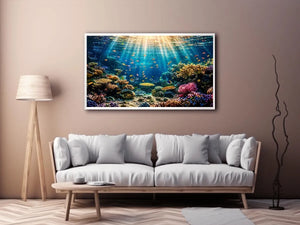Underwater coral reef wall art with tropical fish and glowing ocean sun rays.