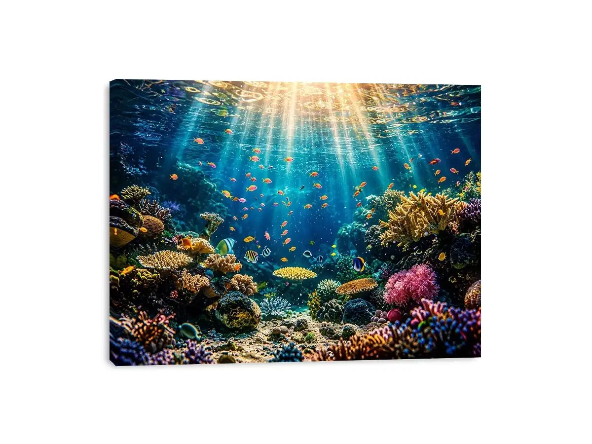Underwater coral reef wall art with tropical fish and glowing ocean sun rays.