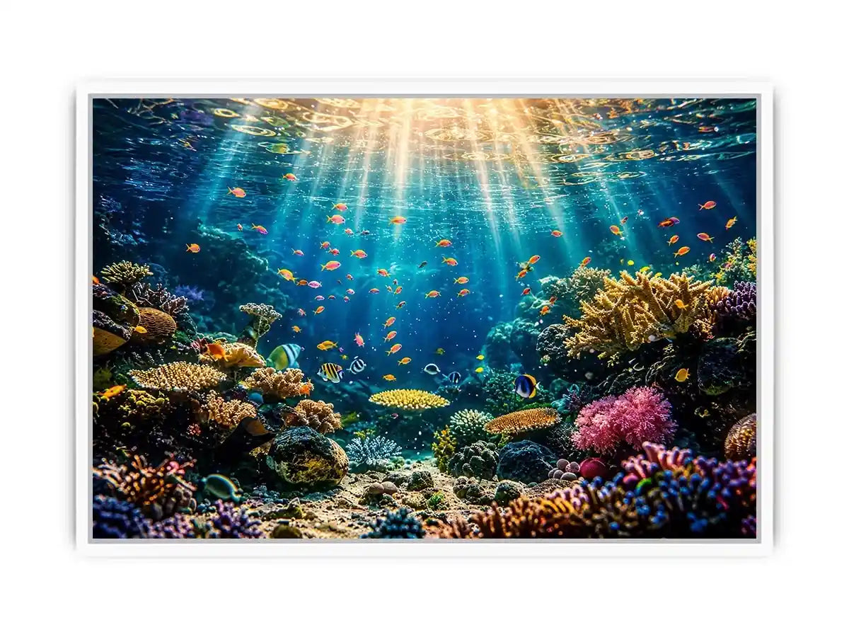 Underwater coral reef wall art with tropical fish and glowing ocean sun rays.
