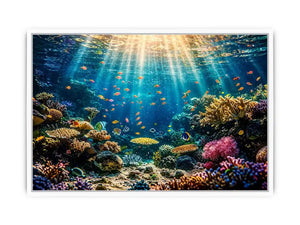 Underwater coral reef wall art with tropical fish and glowing ocean sun rays.