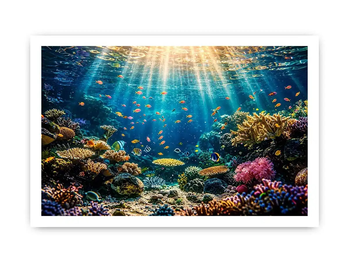 Underwater coral reef wall art with tropical fish and glowing ocean sun rays.