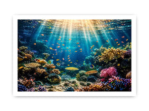 Underwater coral reef wall art with tropical fish and glowing ocean sun rays.
