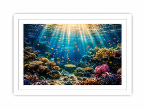 Underwater coral reef wall art with tropical fish and glowing ocean sun rays.