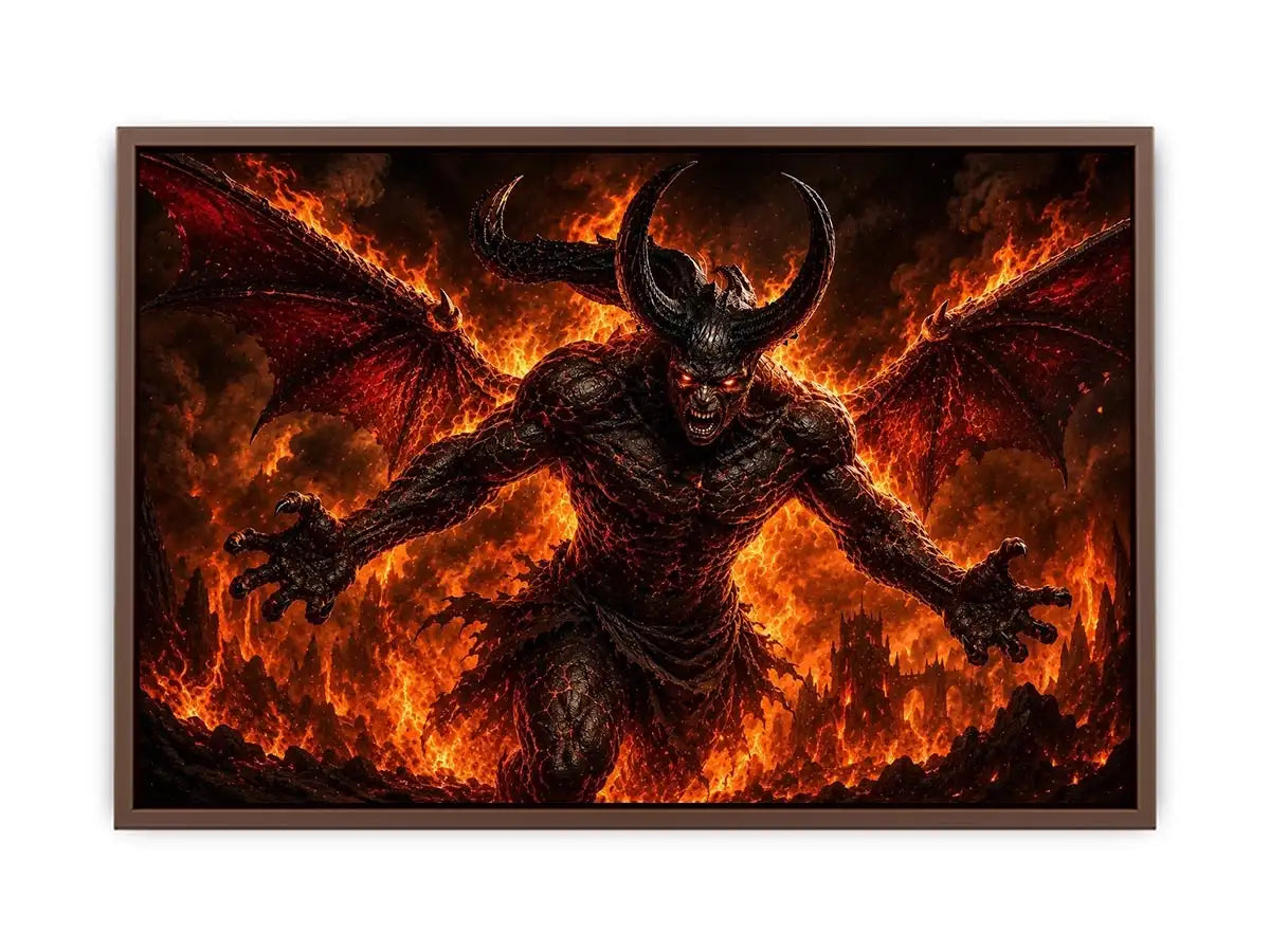 Dark fantasy demon wall art with fiery flames, horns and cinematic infernal atmosphere.