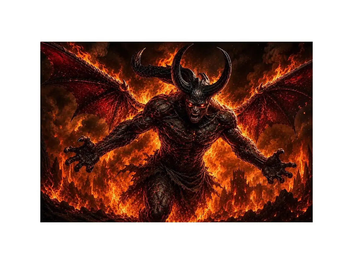 Dark fantasy demon wall art with fiery flames, horns and cinematic infernal atmosphere.