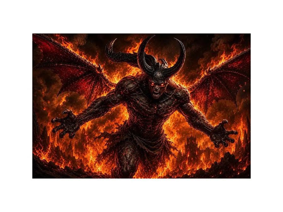 Dark fantasy demon wall art with fiery flames, horns and cinematic infernal atmosphere.