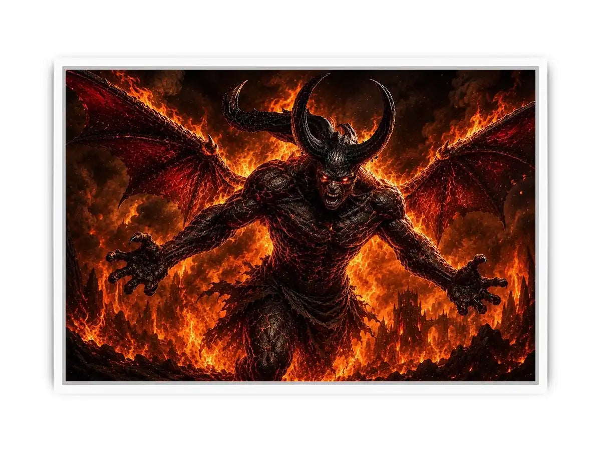 Dark fantasy demon wall art with fiery flames, horns and cinematic infernal atmosphere.