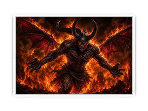 Dark fantasy demon wall art with fiery flames, horns and cinematic infernal atmosphere.