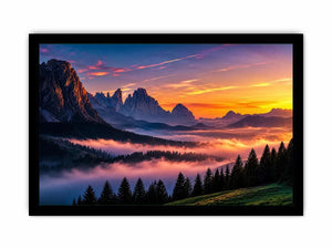 Misty mountain sunrise wall art with alpine peaks, pine forest silhouettes and pastel dawn sky.