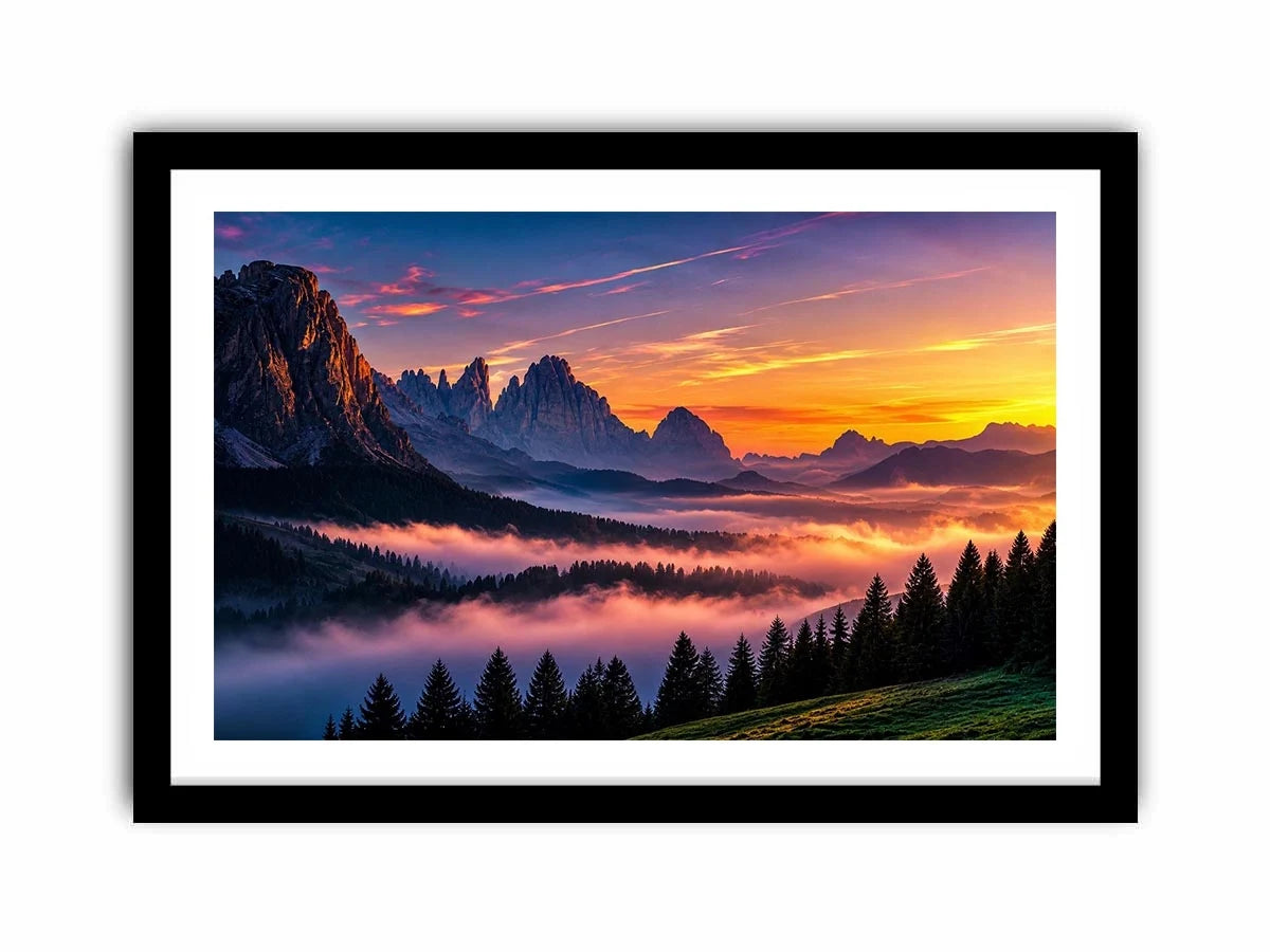 Misty mountain sunrise wall art with alpine peaks, pine forest silhouettes and pastel dawn sky.