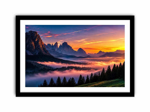 Misty mountain sunrise wall art with alpine peaks, pine forest silhouettes and pastel dawn sky.