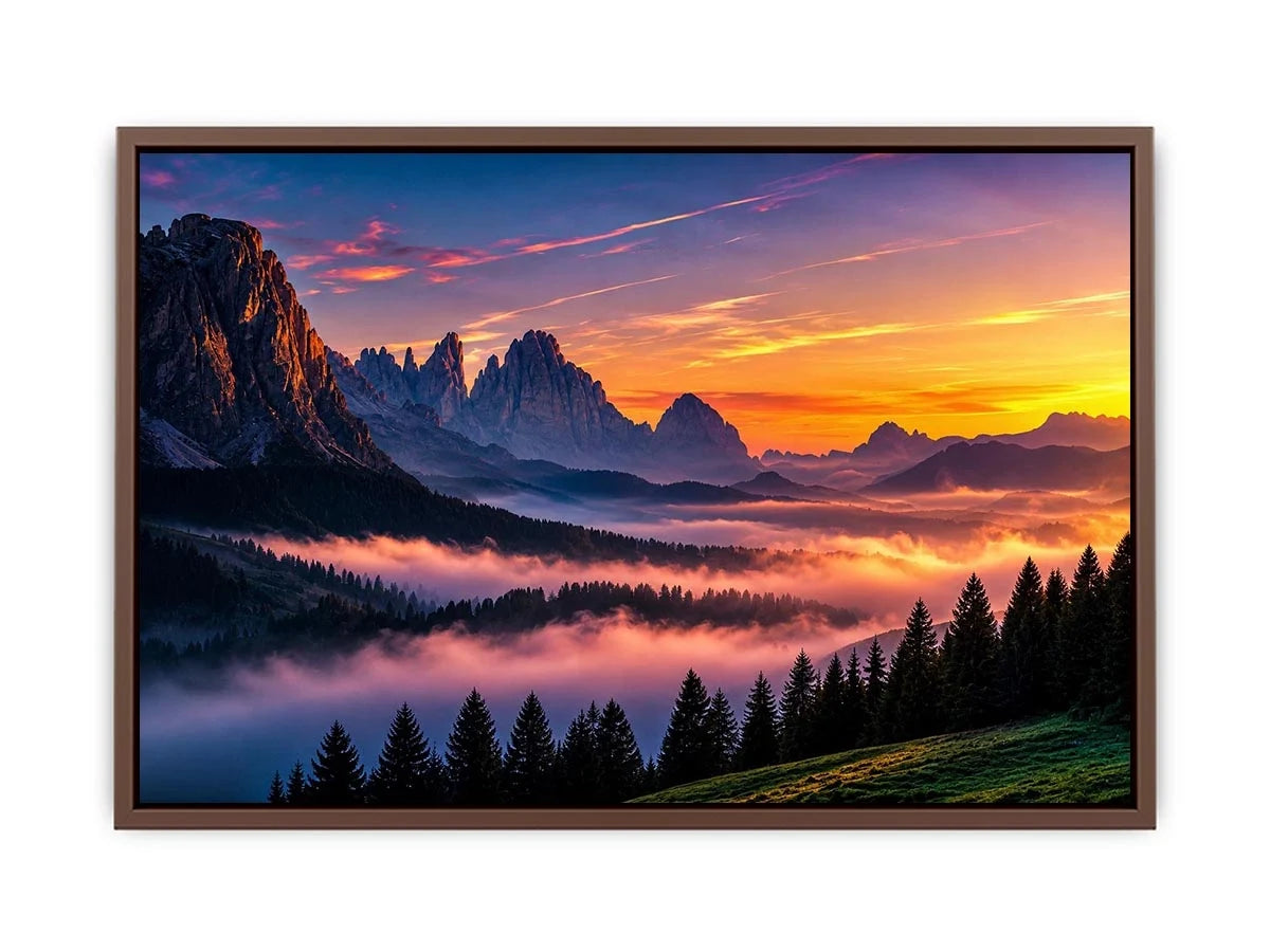 Misty mountain sunrise wall art with alpine peaks, pine forest silhouettes and pastel dawn sky.