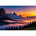 Misty mountain sunrise wall art with alpine peaks, pine forest silhouettes and pastel dawn sky.