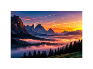 Misty mountain sunrise wall art with alpine peaks, pine forest silhouettes and pastel dawn sky.