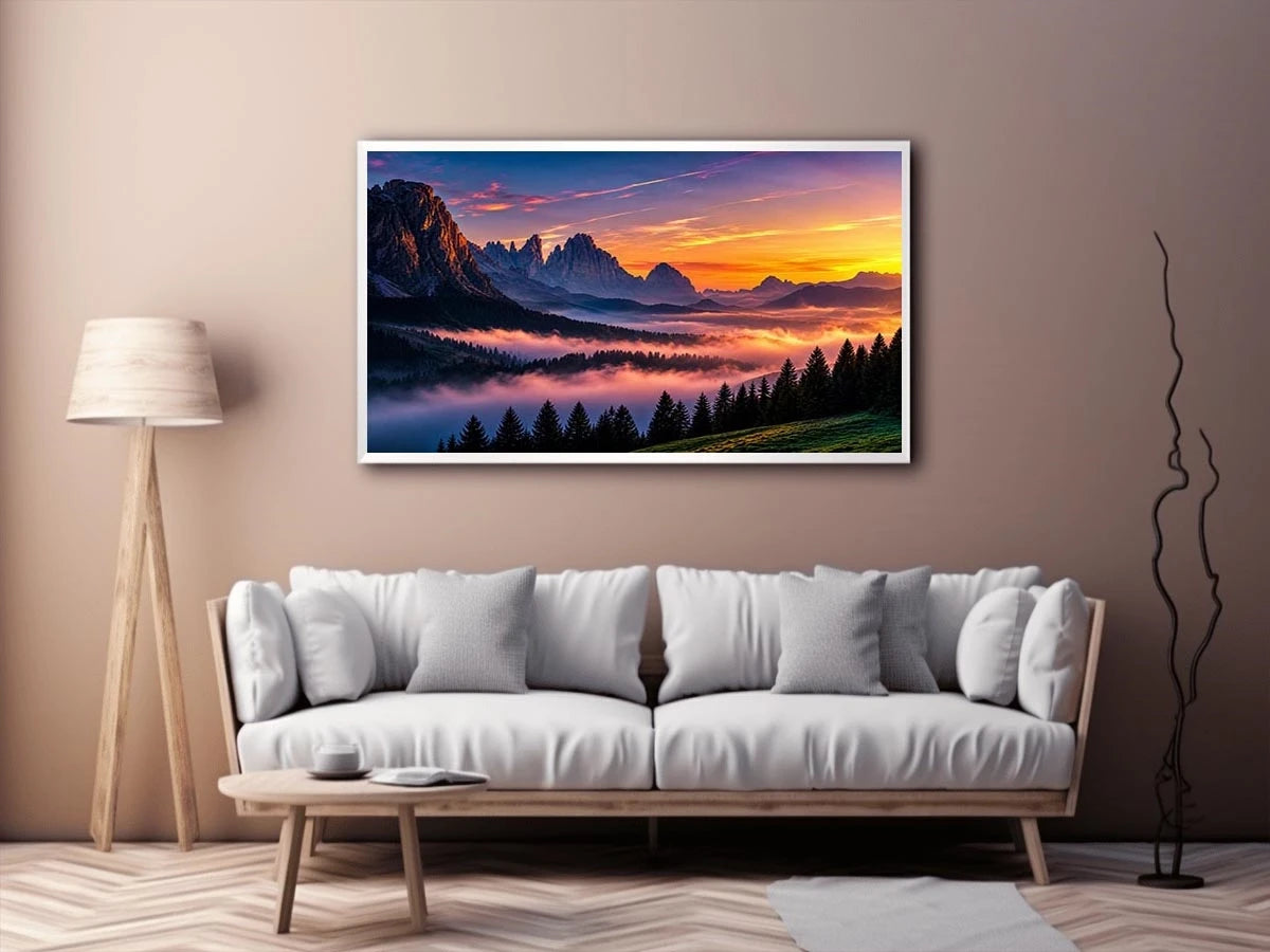 Misty mountain sunrise wall art with alpine peaks, pine forest silhouettes and pastel dawn sky.