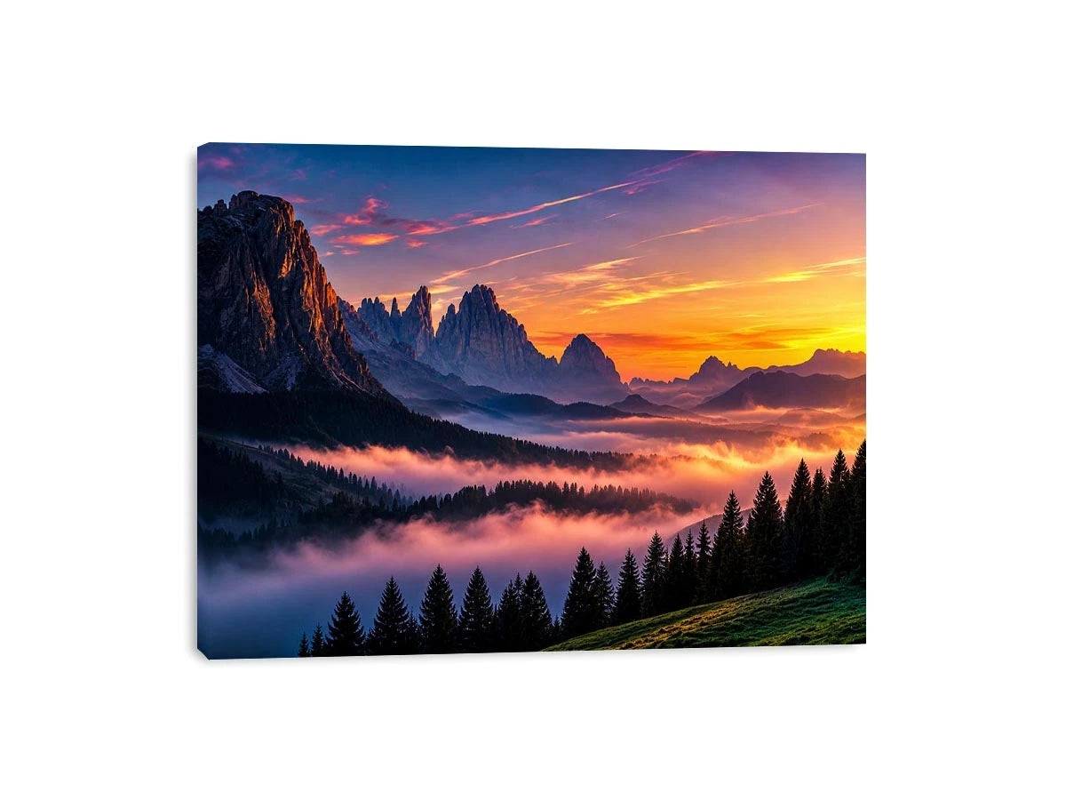 Misty mountain sunrise wall art with alpine peaks, pine forest silhouettes and pastel dawn sky.
