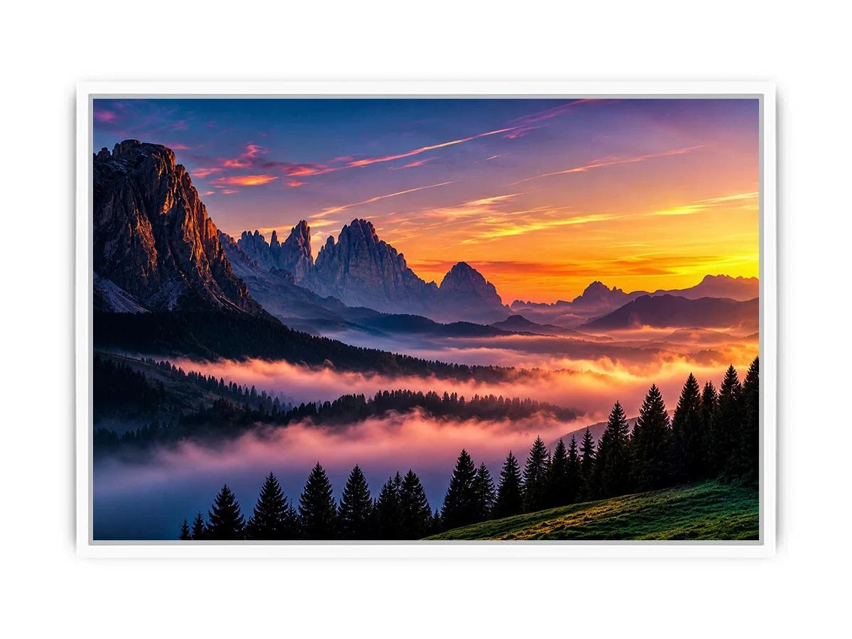 Misty mountain sunrise wall art with alpine peaks, pine forest silhouettes and pastel dawn sky.