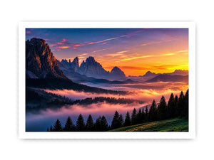 Misty mountain sunrise wall art with alpine peaks, pine forest silhouettes and pastel dawn sky.