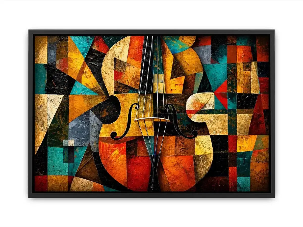 Abstract cubist violin wall art with geometric shapes and colorful modern textures.