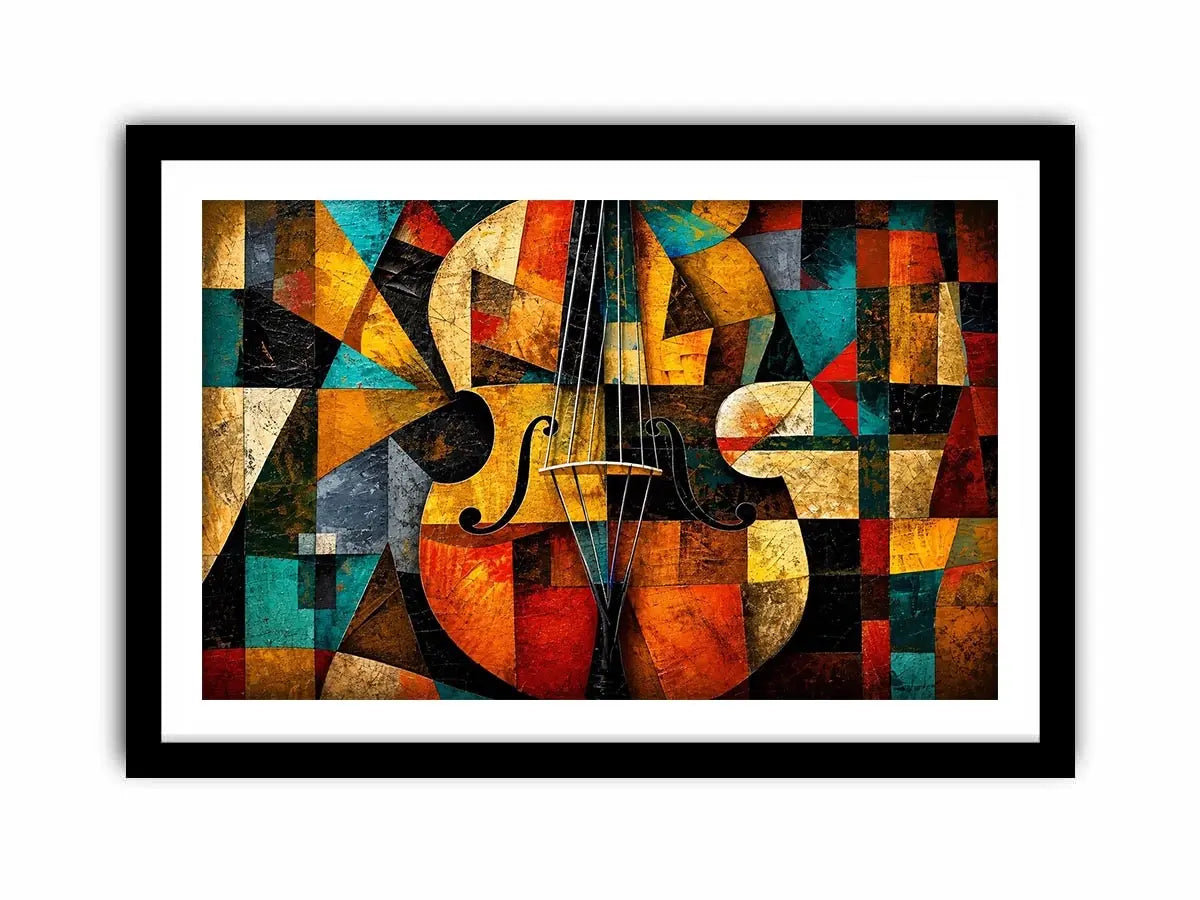 Abstract cubist violin wall art with geometric shapes and colorful modern textures.