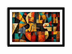 Abstract cubist violin wall art with geometric shapes and colorful modern textures.